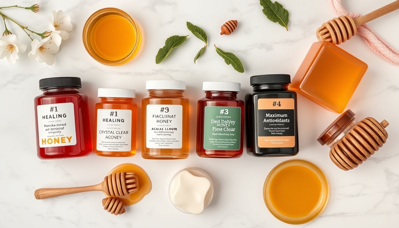 Best honey types for lip care — Manuka, acacia, clover, and buckwheat honey jars ranked by lip care benefit with coconut oil and lemon companions on white marble