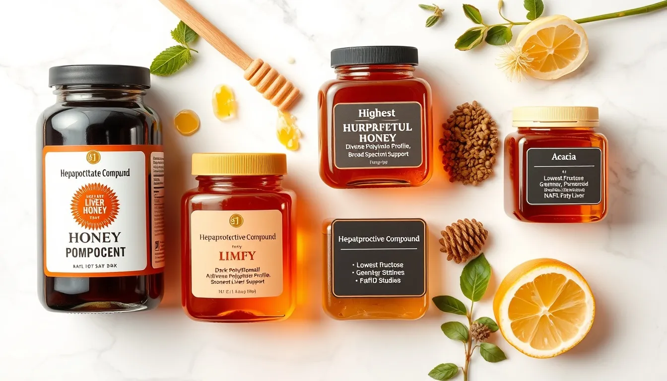 Four honey varieties for liver health on white marble: buckwheat, wildflower, Manuka, acacia — milk thistle and dandelion