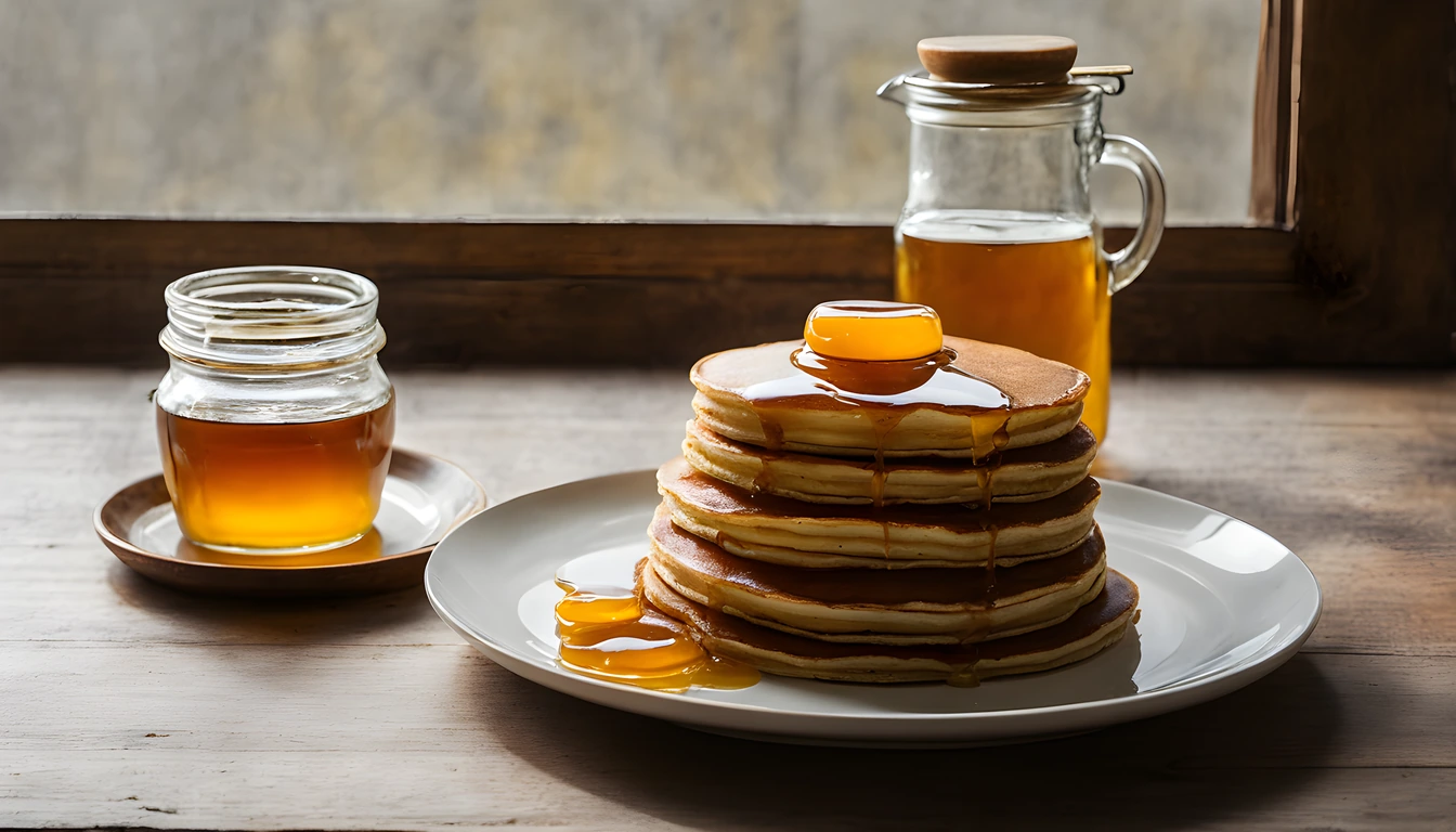 Pancakes with a glossy syrup topping between a small glass jar of honey and a glass syrup pitcher on a wooden table