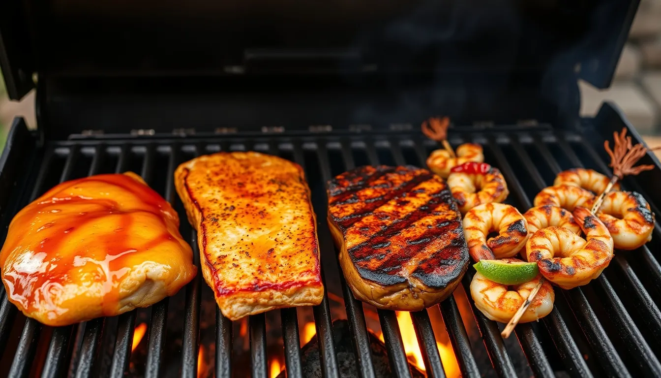 Honey-marinated chicken thighs on charcoal grill with caramelized glaze and grill marks