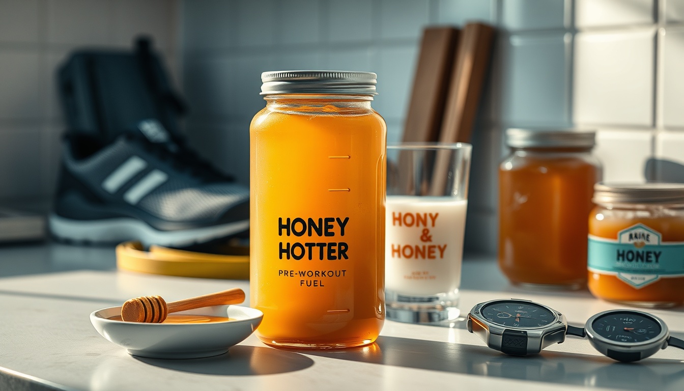 Men's athletic performance with honey — pre-workout energy shake, post-workout recovery, and honey protein fuel scene