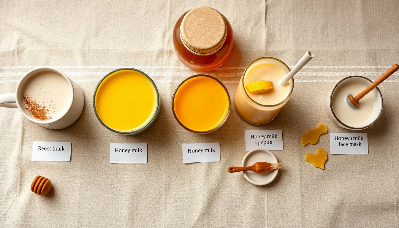 Five honey milk recipes: warm cinnamon milk, turmeric gold milk, lemon honey soother, banana shake, face mask with brush