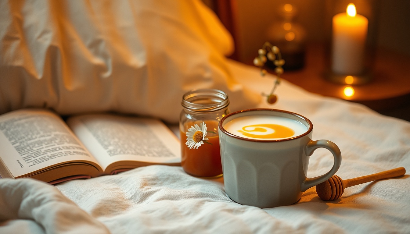 Ceramic mug of warm milk with golden honey swirl on bedside table, chamomile flowers, candle light, and linen pillowcase