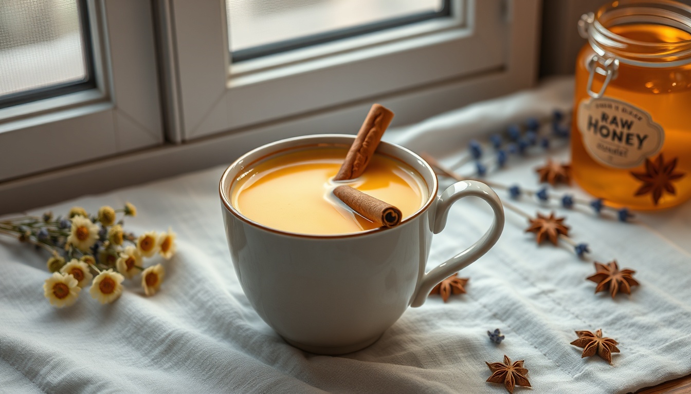 Warm golden turmeric honey milk with cinnamon stick in a beautiful ceramic mug, moonlight through window, scattered chamomile flowers and lavender, jar of raw honey — a nighttime wellness ritual