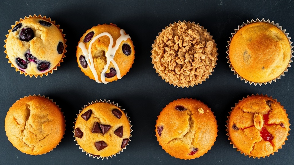 Honey muffin variations including blueberry, lemon poppy seed, and apple cinnamon