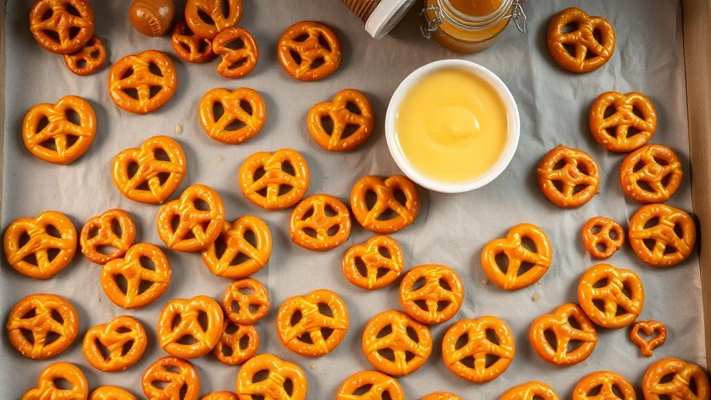 Honey mustard pretzels fresh from the oven on a parchment-lined baking sheet with golden caramelized glaze and a bowl of honey mustard dipping sauce