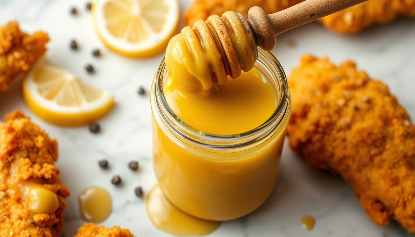 Homemade honey mustard sauce in glass jar with wooden honey dipper, served with crispy chicken tenders on white marble