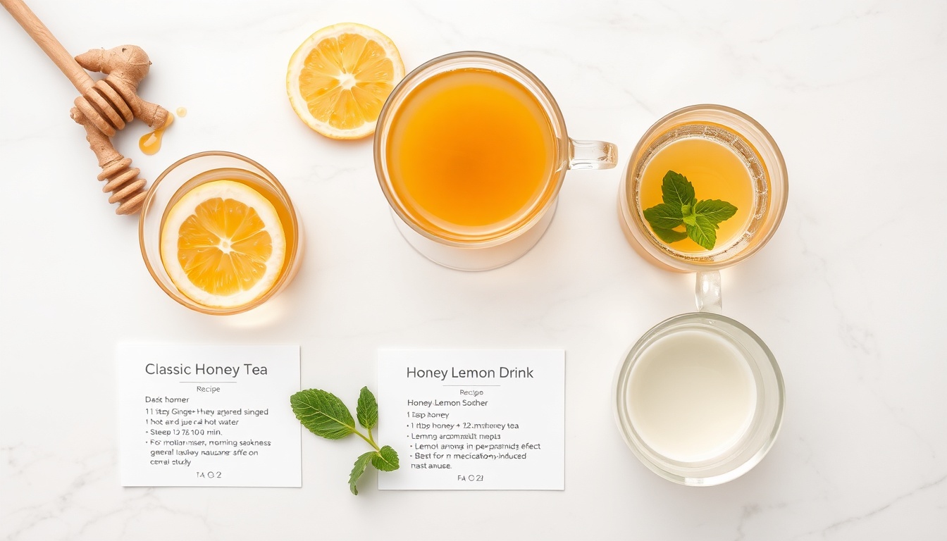 Five honey-based anti-nausea remedies flat lay — ginger-honey tea, honey-lemon calm drink, honey-mint soother, honey-ACV tonic, and frozen honey-ginger pops with recipe cards on white marble