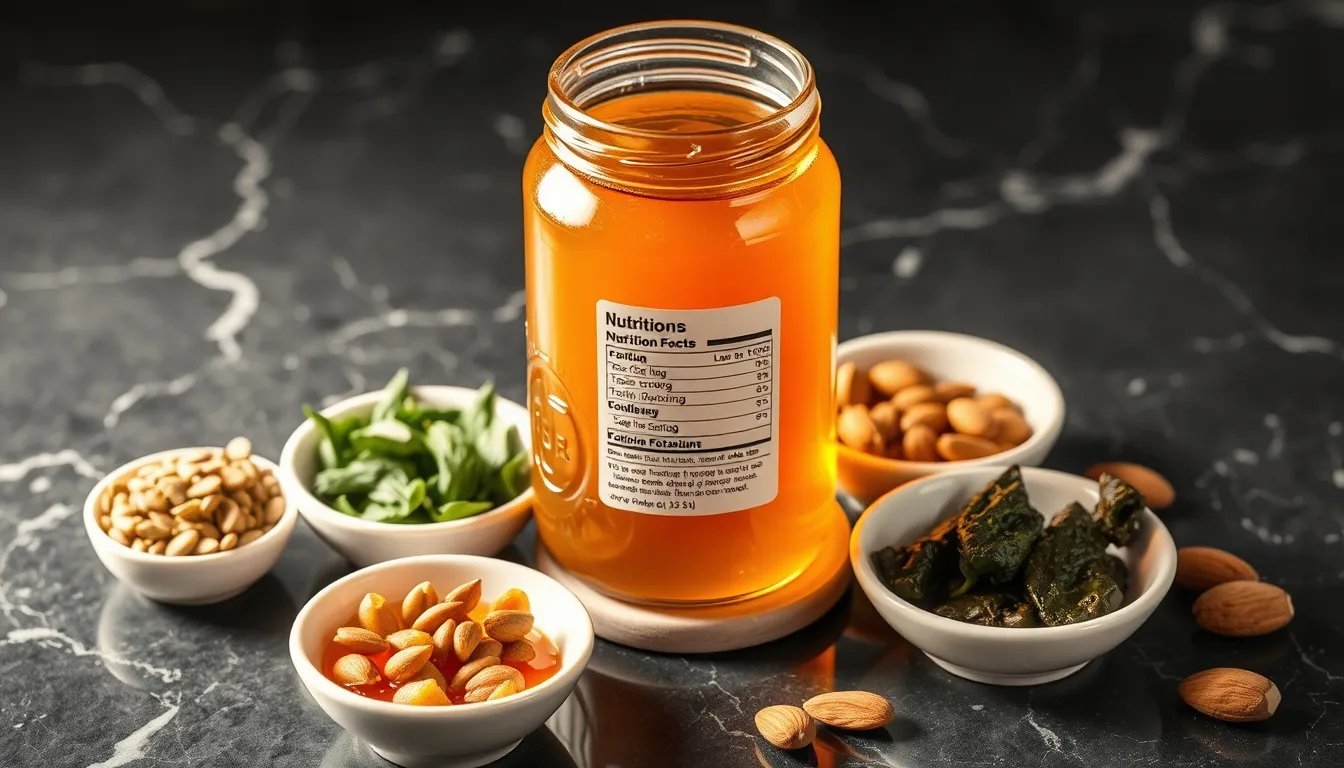 Honey jar on dark marble beside mineral-rich foods — pumpkin seeds, dark leafy greens, and almonds