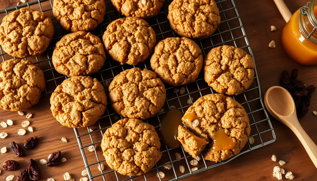 Freshly baked honey oatmeal cookies on a wire cooling rack with golden honey drizzle, one broken cookie showing the chewy oat-studded interior, on a warm wooden surface