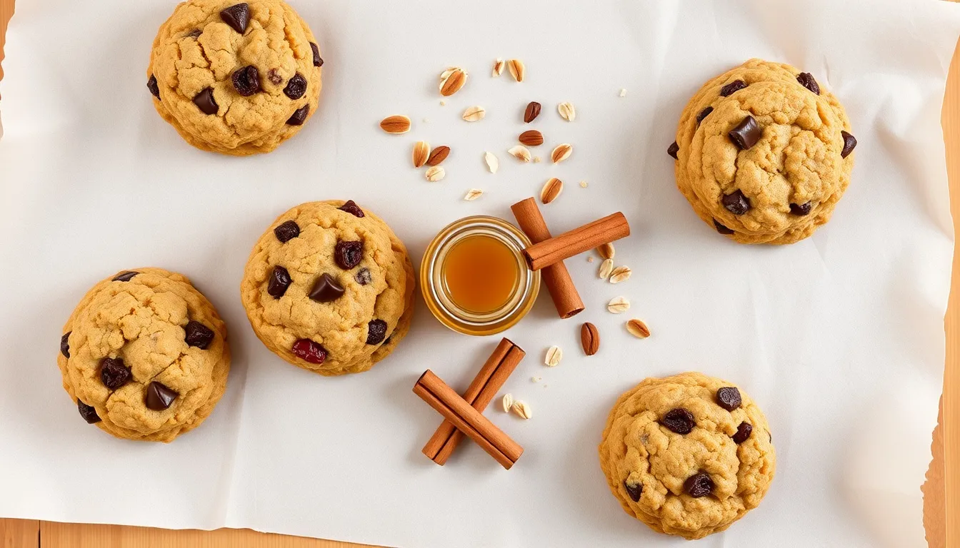 Five honey oatmeal cookie mix-in variation stacks on parchment: classic raisin, chocolate chip, cranberry walnut, coconut almond, and honey cinnamon with a honey jar and oats as props