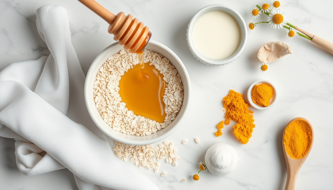 DIY honey oatmeal face mask ingredients — oats, raw honey, aloe vera, chamomile and applicator brush on white marble