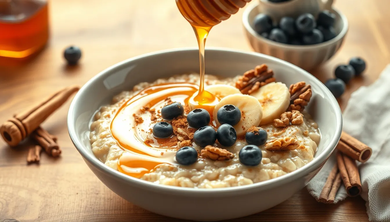 Perfect honey oatmeal bowl with creamy golden oatmeal, fresh blueberries, sliced banana, toasted walnuts, and a golden honey drizzle