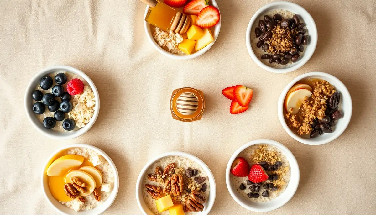 Six honey oatmeal topping combination bowls: berry boost, tropical, nut butter, autumn spice, protein power, and chocolate indulgence