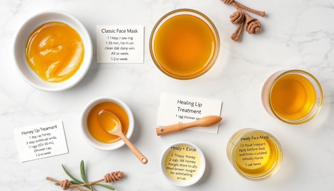 Honey and olive oil DIY: face mask, hair mask, lip treatment, Mediterranean dressing, hand treatment in white bowls on marble