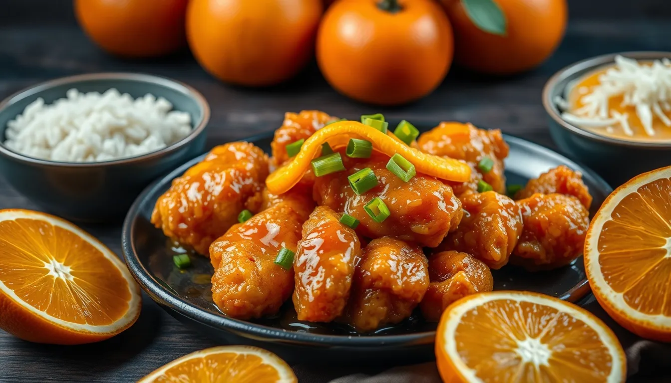 Crispy honey orange chicken with vibrant orange glaze on a dark plate, garnished with orange slices and green onions