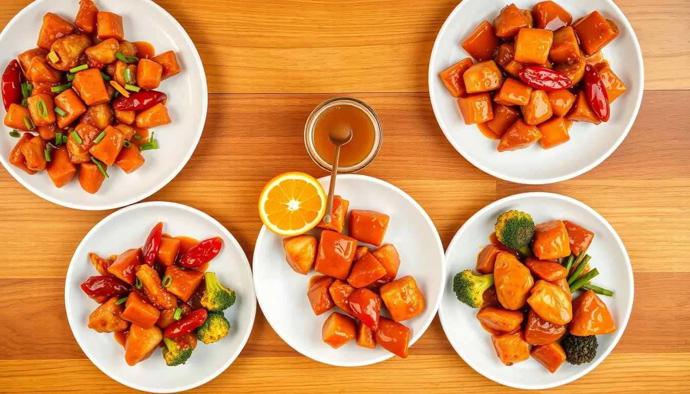 Five honey orange chicken variations including spicy, sesame, broccoli, and lemon versions on individual plates