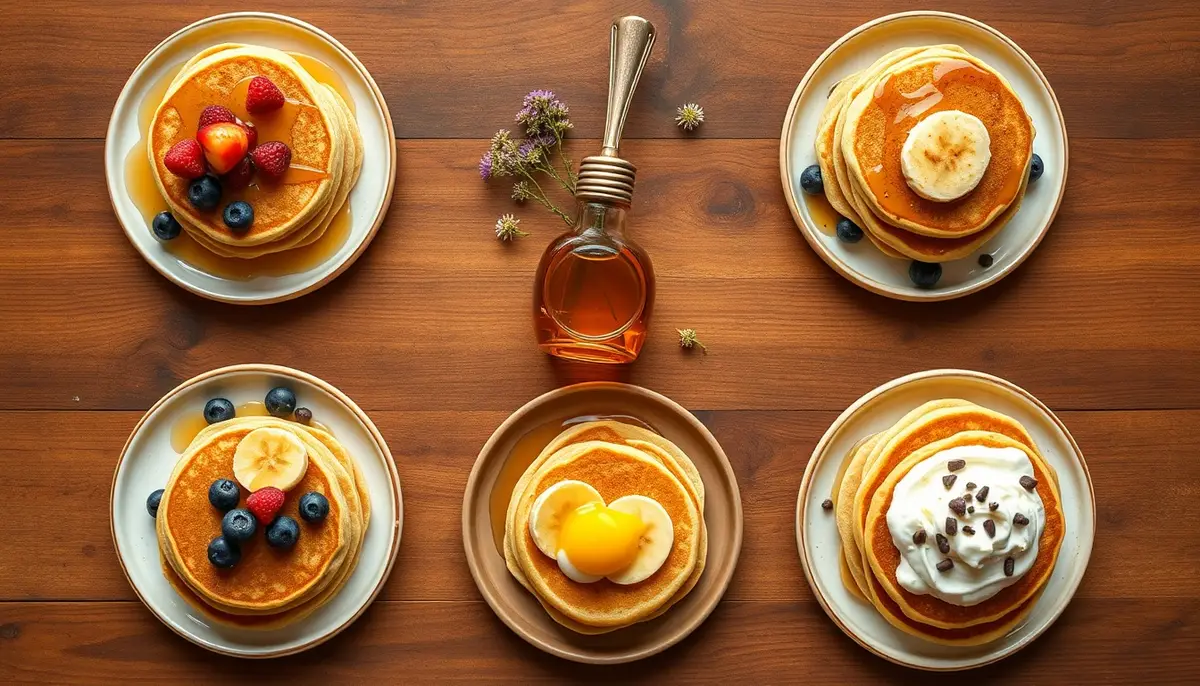 Overhead flat lay of six honey pancake variations on a warm wooden surface: classic with berries, blueberry, banana, lemon ricotta, cinnamon oat, and chocolate chip mini stacks
