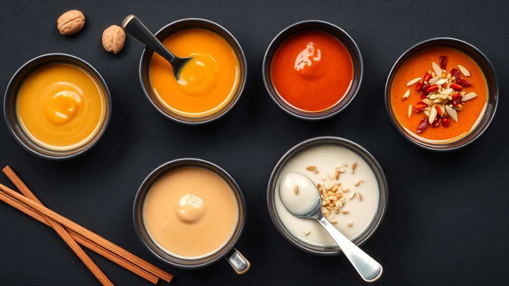 Four honey peanut sauce variations in dark ceramic bowls: classic, spicy Thai, coconut, and ginger sesame