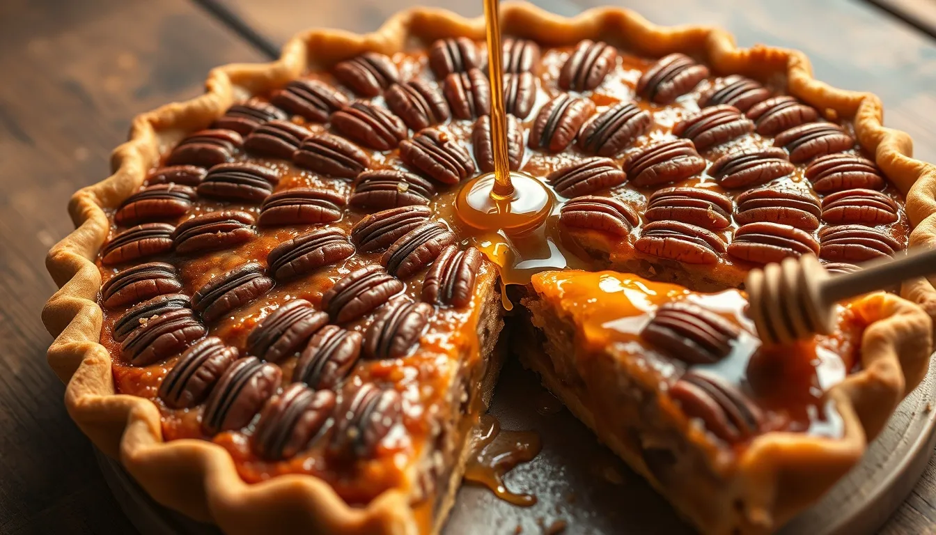 Perfect honey pecan pie with artfully arranged whole pecan topping, golden-brown flaky crust, and glistening amber honey filling with a slice cut to reveal the interior