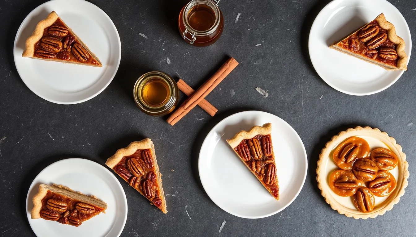 Five honey pecan pie flavor variation slices: classic honey pecan, chocolate honey pecan, bourbon honey pecan, spiced honey pecan, and honey pecan tarts