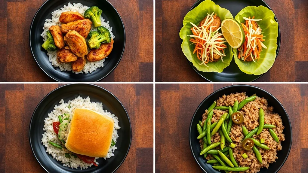 Four ways to serve honey pepper chicken: over jasmine rice, in lettuce wraps, as a sandwich on a brioche roll, and in a meal prep bowl with brown rice and edamame