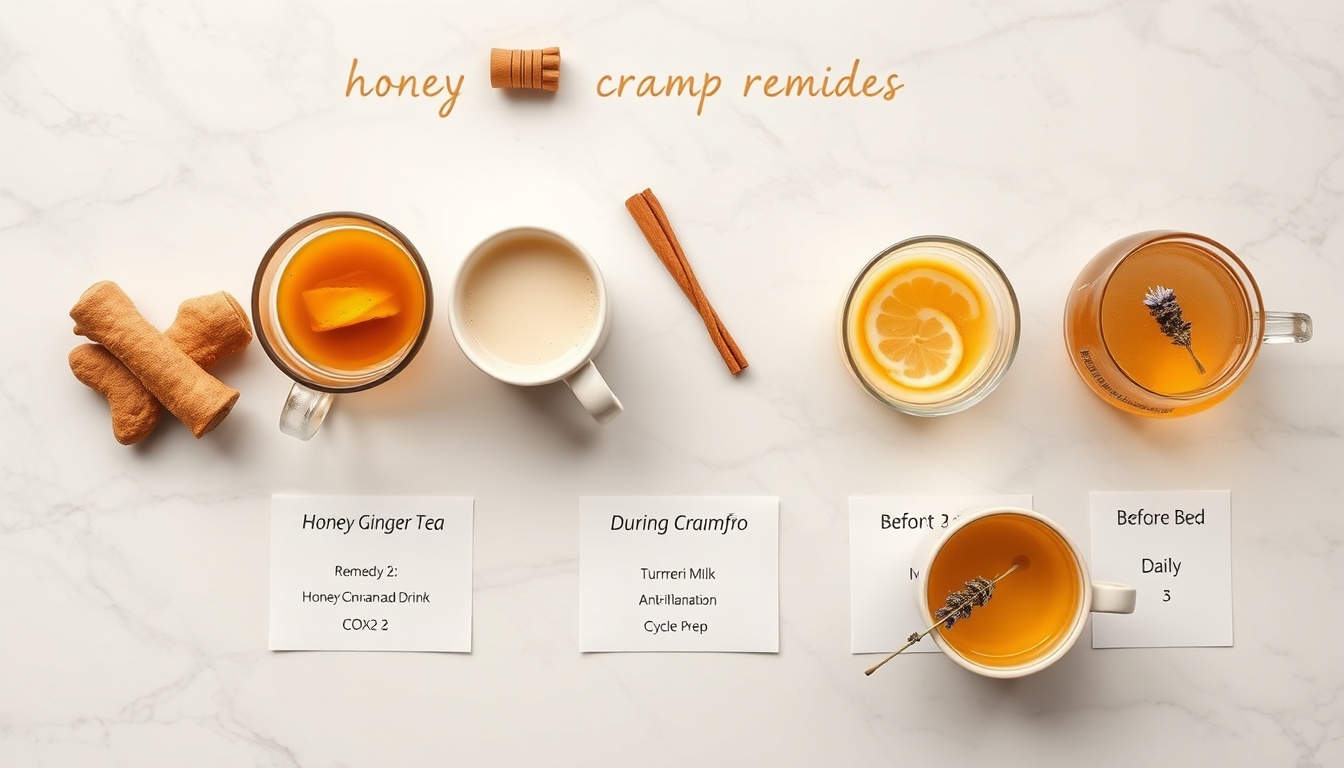 Five period cramp honey remedies on white marble: ginger tea, cinnamon drink, turmeric milk, ACV tonic, chamomile blend