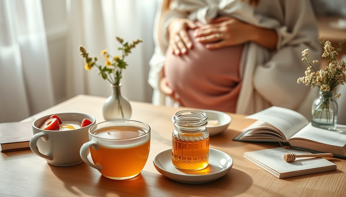 Pregnancy wellness morning ritual with honey — warm honey-ginger tea, yogurt with honey and berries, prenatal journal, and fresh wildflowers supporting a healthy pregnancy