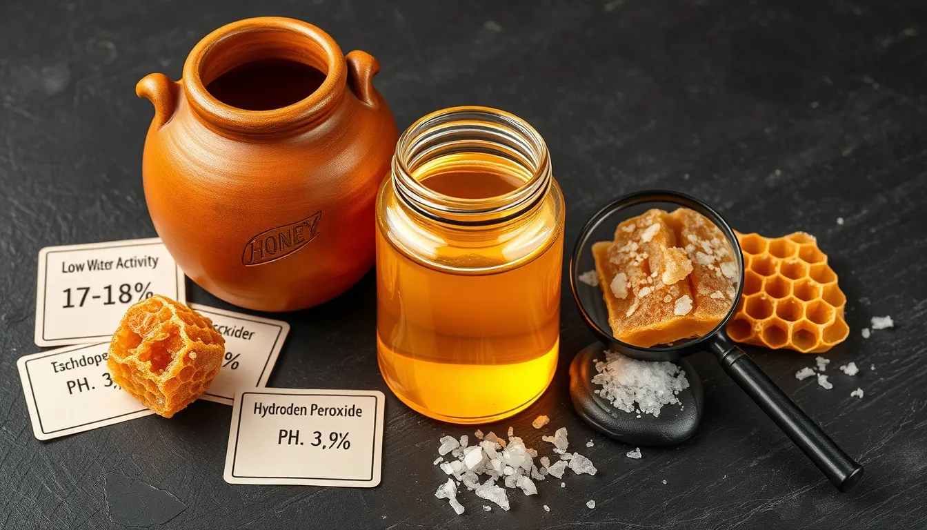 Golden honey jar on dark wood with labeled callouts: low moisture, natural pH, hydrogen peroxide, high sugar concentration