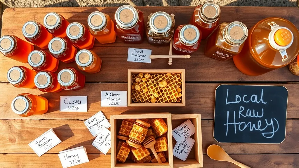 A local beekeeper's farmers market honey table with various raw honey jars in different sizes, handwritten labels, and a honeycomb display