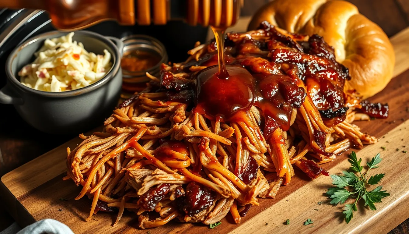Fall-apart tender honey pulled pork glistening with caramelized amber honey glaze on a wooden serving board with coleslaw and brioche bun
