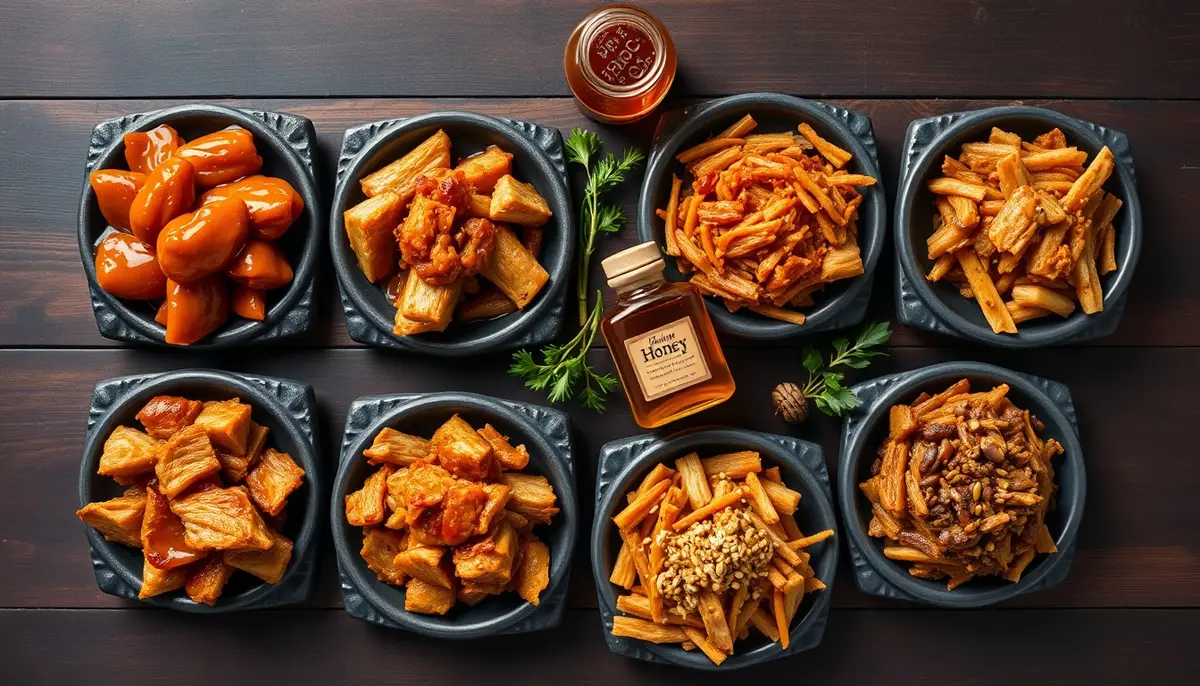 Six honey pulled pork flavor variation servings in slate bowls: classic BBQ, honey garlic, honey chipotle, honey mustard, Asian honey, and honey bourbon