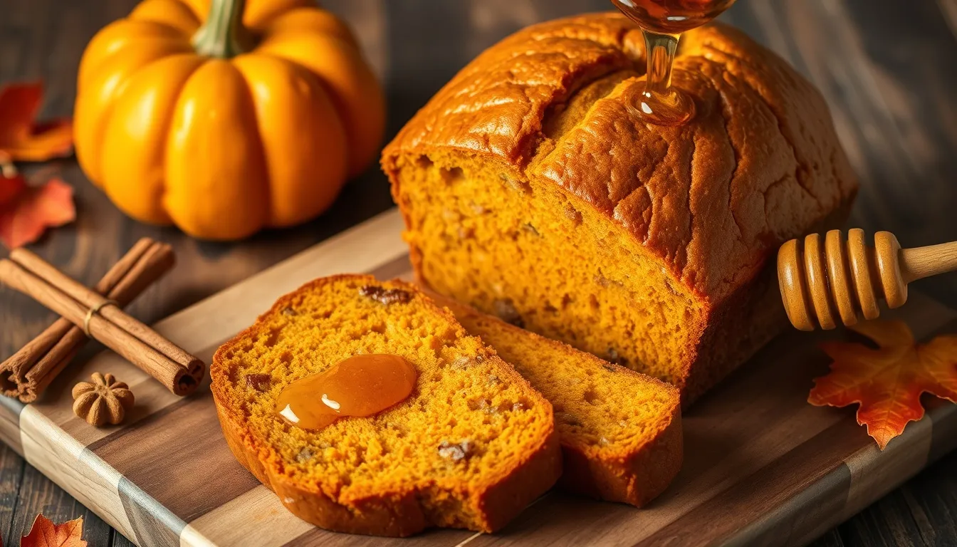 Perfect honey pumpkin bread loaf with deeply golden-brown crust and moist orange-amber crumb sliced on rustic cutting board with honey drizzle