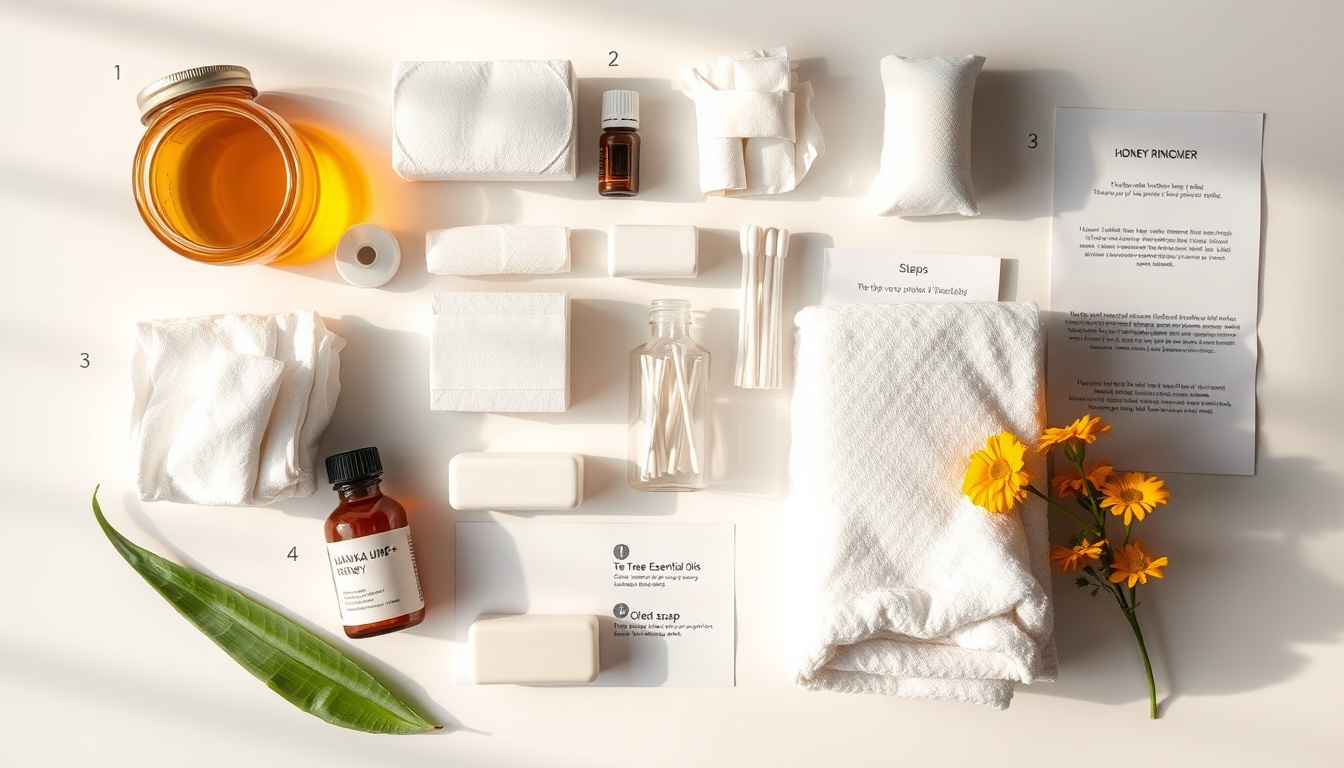 Complete honey ringworm treatment kit with Manuka honey jar, sterile cotton pads, medical bandage wrap, tea tree oil, clean gauze, and step-by-step instruction card