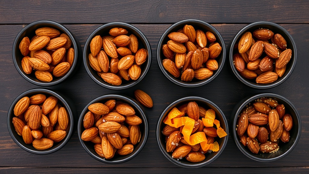 Six honey roasted almond variations in dark ceramic bowls: classic, cinnamon, rosemary, spicy, citrus, and tamari