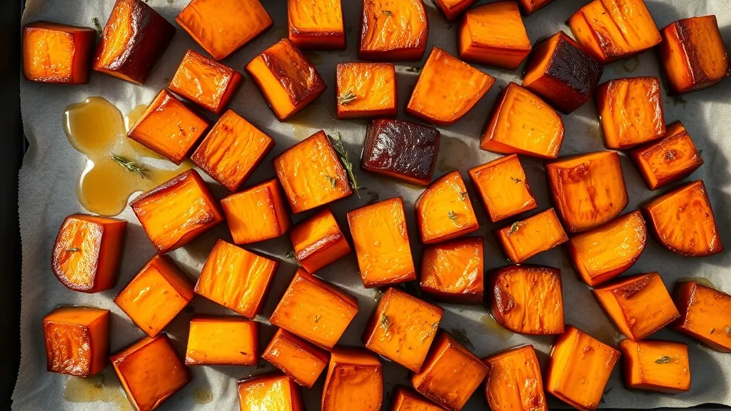 Deeply caramelized honey roasted butternut squash cubes on a parchment-lined baking sheet with mahogany edges and honey drizzle and fresh thyme sprigs