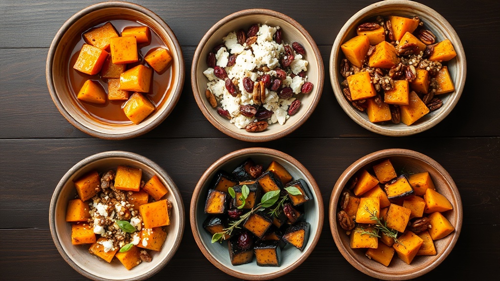 Six ceramic bowls of honey roasted butternut squash variations: maple brown butter, cranberry-pecan harvest, spicy harissa with feta, balsamic with Parmesan, miso-sesame, and herb garden