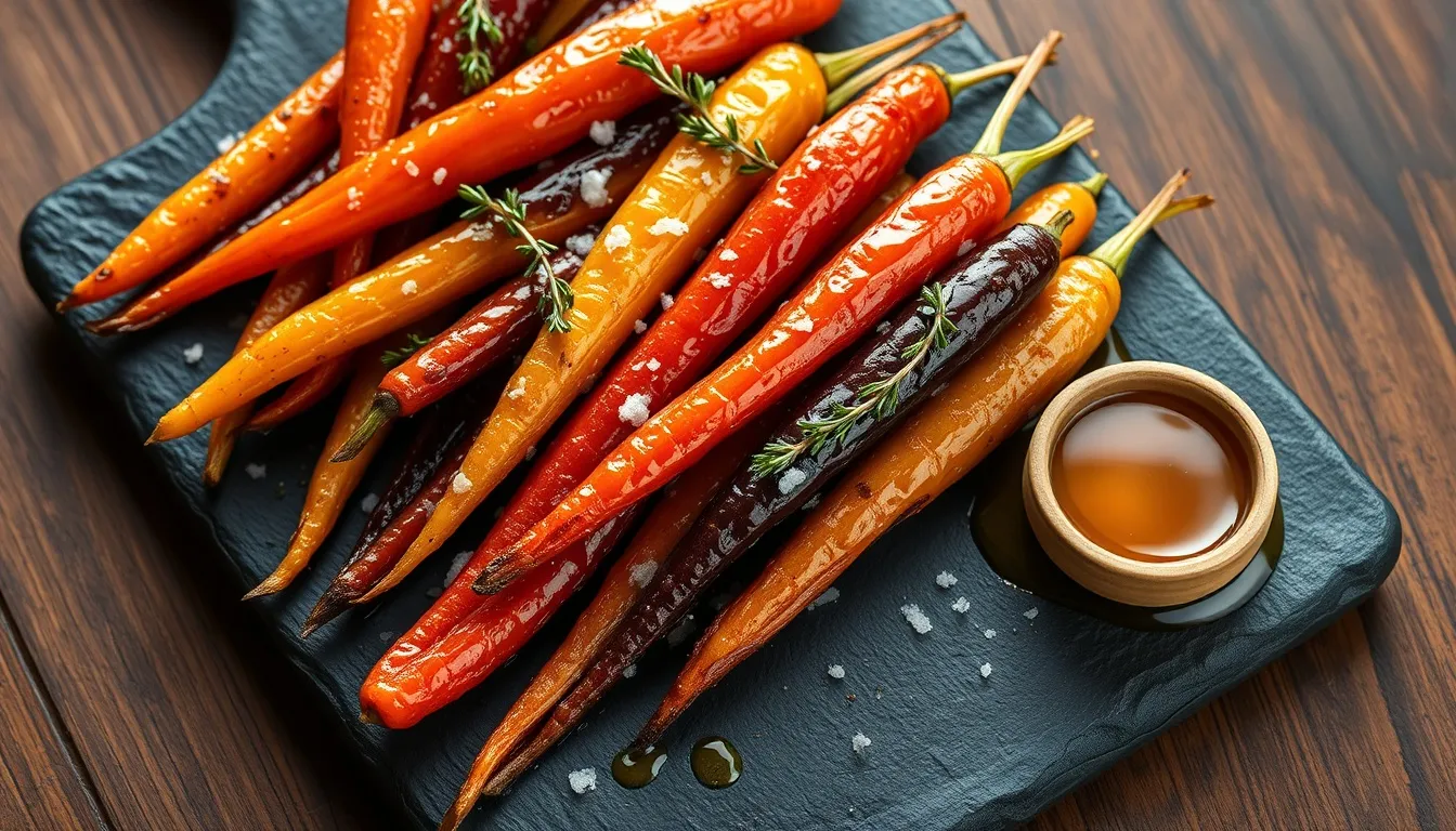 Honey roasted rainbow carrots with caramelized amber glaze on a dark slate board, garnished with fresh thyme
