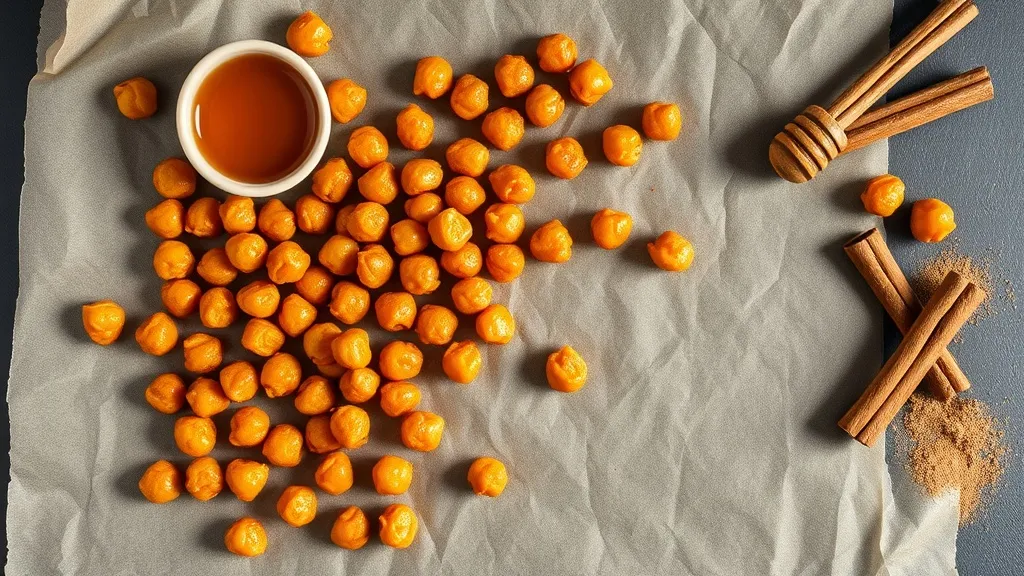 Crispy golden honey roasted chickpeas scattered on parchment paper glistening with a thin amber honey-caramel glaze, a small ramekin of raw honey and cinnamon sticks alongside