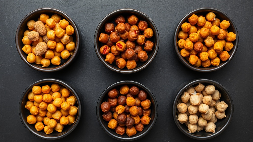 Six honey roasted chickpea variations in small dark ceramic bowls: cinnamon sugar, spicy honey, everything bagel, cocoa, curry coconut, and ranch flavors