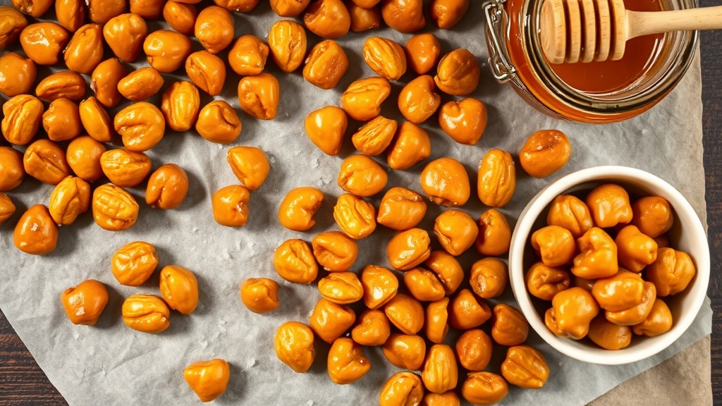 Freshly baked honey roasted peanuts cooling on a parchment-lined baking sheet with golden amber caramel glaze and flaky sea salt crystals
