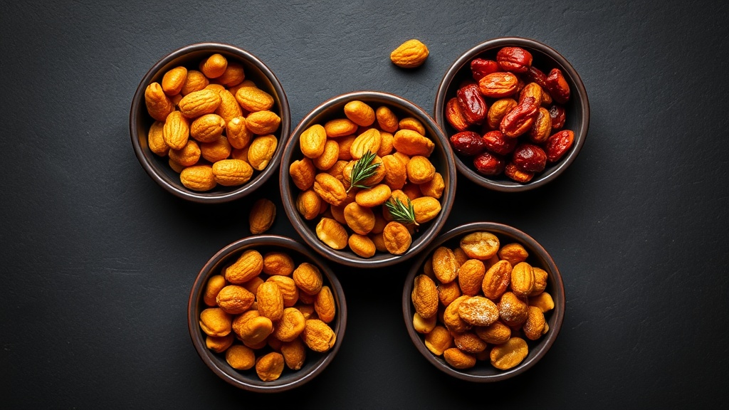 Five dark ceramic bowls of honey roasted peanut variations: cinnamon, spicy cayenne, rosemary sea salt, curry turmeric, and honey garlic