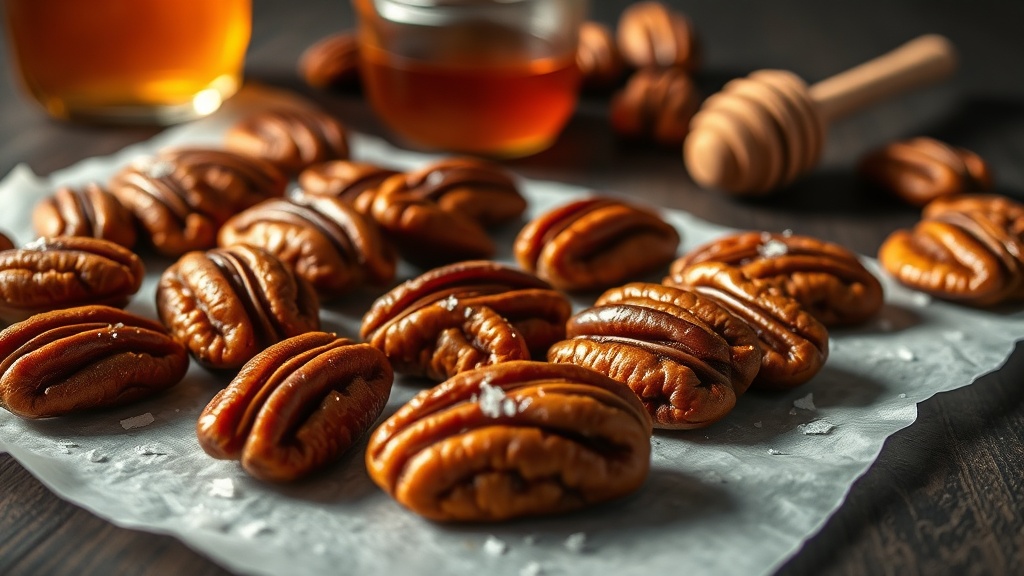 Freshly honey roasted pecan halves cooling on parchment paper showing a beautiful glossy amber caramel glaze, flaky sea salt crystals, and a jar of raw honey alongside