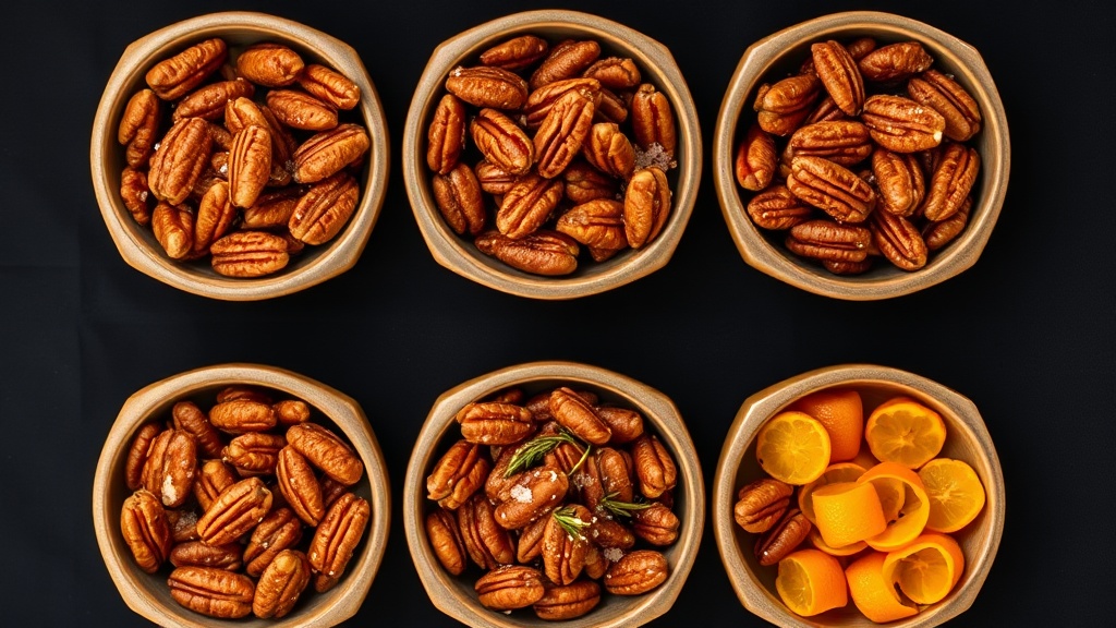 Six honey roasted pecan variation bowls on dark linen: honey cinnamon, honey bourbon, spicy honey, honey rosemary, honey maple, and honey orange pecans