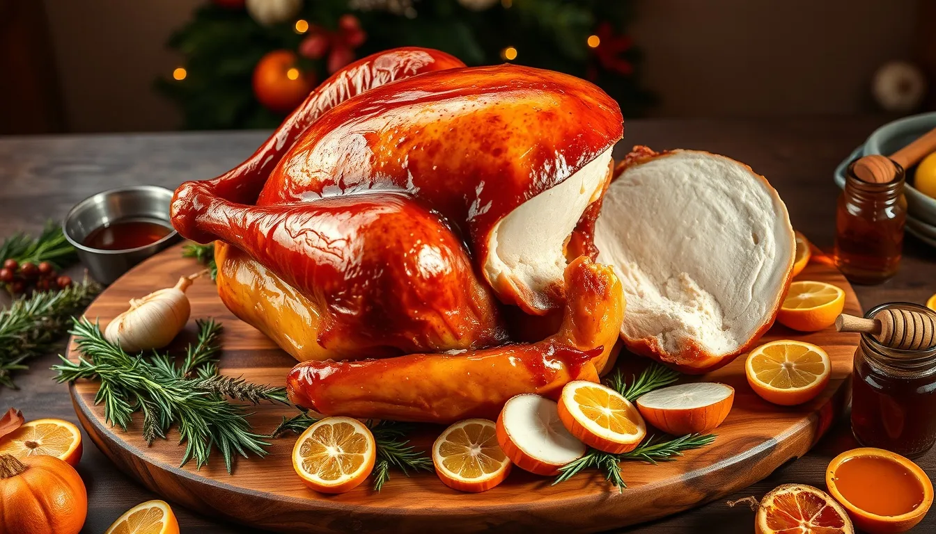 Honey roasted whole turkey with deeply caramelized amber-lacquered skin on rustic carving board with fresh herbs