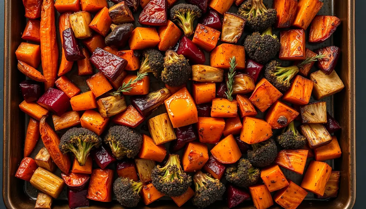 Caramelized honey roasted mixed vegetables on a sheet pan — rainbow carrots, golden beets, broccoli, bell peppers, and sweet potato with amber glaze and thyme