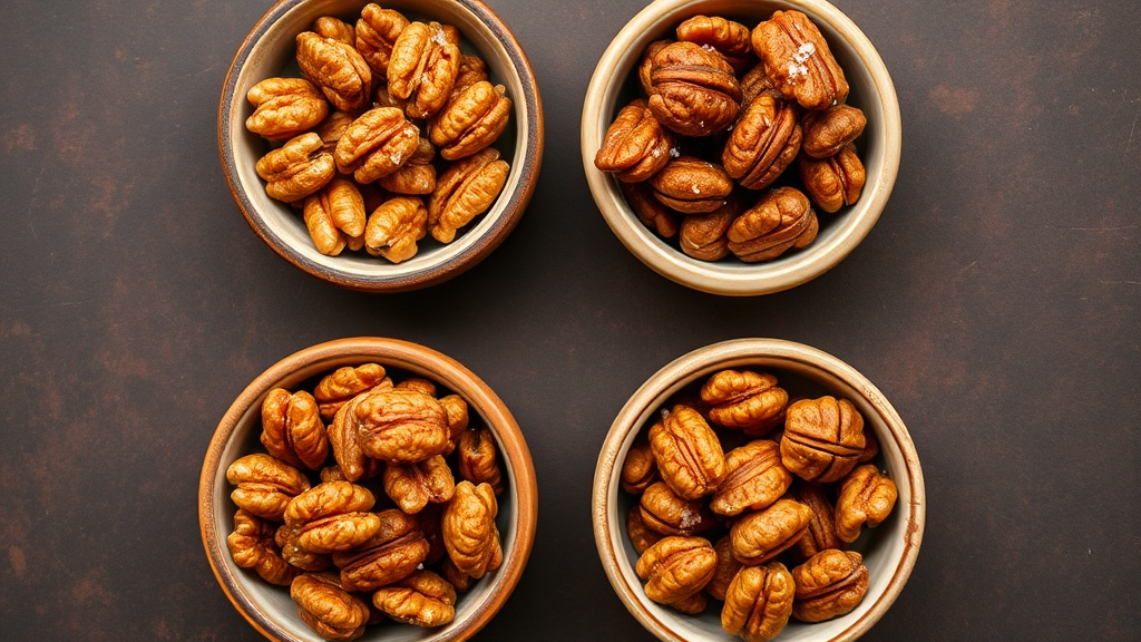 Four bowls of honey roasted walnut variations: cinnamon sugar, rosemary sea salt, spicy honey, and maple chai