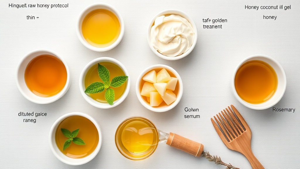 Five honey scalp recipes in bowls: diluted honey wash, coconut oil mask, aloe vera gel, tea tree peppermint, rosemary serum