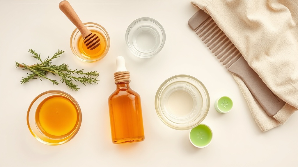 Scalp care kit on counter: honey applicator, tea tree oil, rosemary, aloe vera, comb, shower cap
