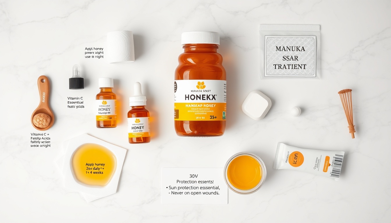 Complete honey scar treatment care kit: Manuka honey jar, rosehip seed oil, vitamin E oil, silicone scar sheets, cotton pads, and SPF sunscreen arranged on white marble with treatment instruction card